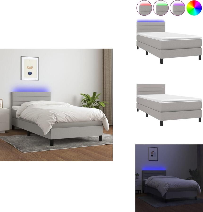 VidaXL Boxspring LED 203 x 100 x 78 88 cm Lichtgrijs Ademende stof Verstelbaar hoofdbord Pocketvering matras Huidvriendelijk topmatras Kleurrijke LED-verlichting Duurzaam materiaal Bed - Foto 2