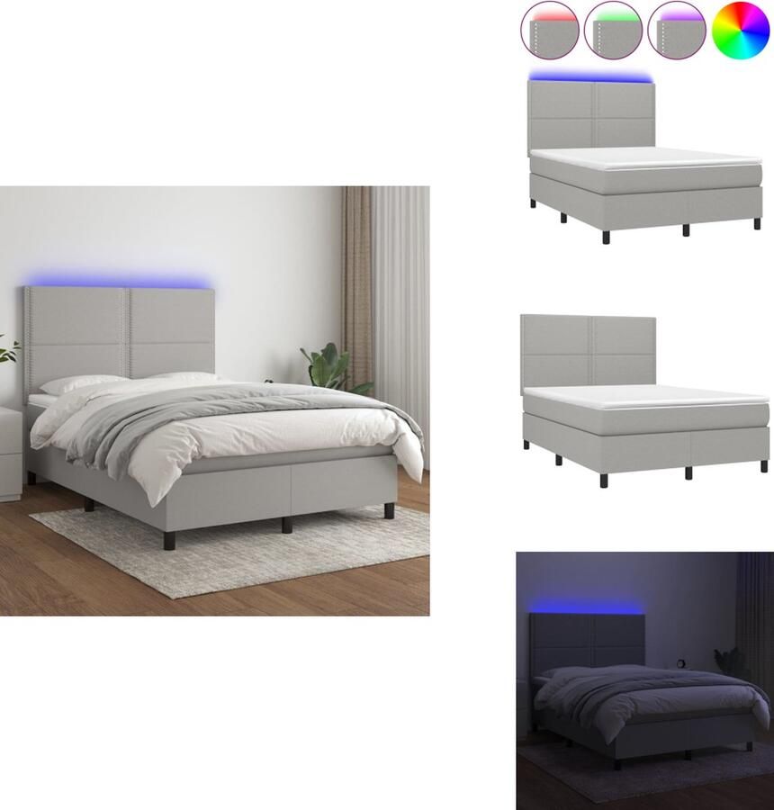 VidaXL Boxspring Bed Lichtgrijze stof 193 x 144 x 118 128 cm Verstelbaar hoofdbord Kleurrijke LED-verlichting Pocketvering matras Huidvriendelijk topmatras Incl montagehandleiding en 2 LED-strips Bed