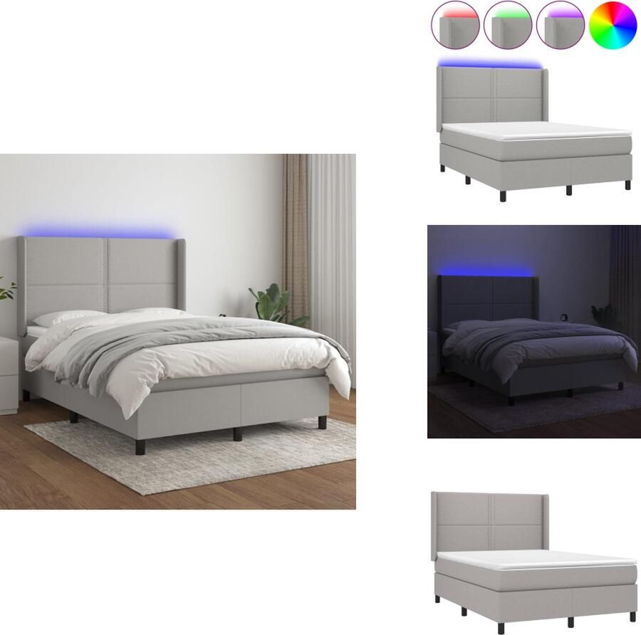 VidaXL Boxspring Bed Lichtgrijs 193 x 147 x 118 128 cm Hoofdbord verstelbaar Kleurrijke LED-verlichting Pocketvering matras Huidvriendelijk topmatras Montagehandleiding meegeleverd Bed