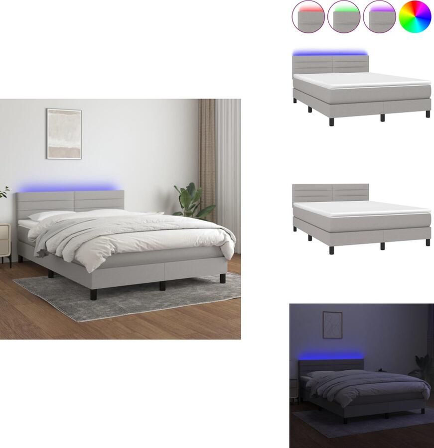 VidaXL Boxspring Bed LED 203 x 144 x 78 88 cm Lichtgrijs Pocketvering Matras Huidvriendelijk Topmatras Kleurrijke LED-verlichting Duurzaam Materiaal Bed