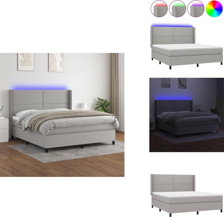 VidaXL Boxspring LED Stof Hoofdbord verstelbaar Pocketvering Huidvriendelijk Lichtgrijs 203x183x118 128cm Matras- 180x200x20cm Topmatras- 180x200x5cm LED-strip- 55cm USB Bed