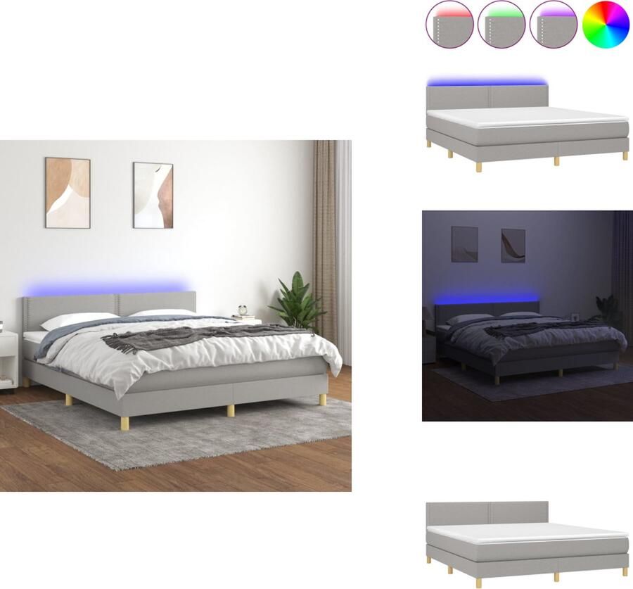 VidaXL Boxspring Bed LED 203 x 180 x 78 88 cm Lichtgrijs stof Verstelbaar hoofdbord Pocketvering matras Huidvriendelijk topmatras Kleurrijke LED-verlichting Inclusief montagehandleiding Bed - Foto 2