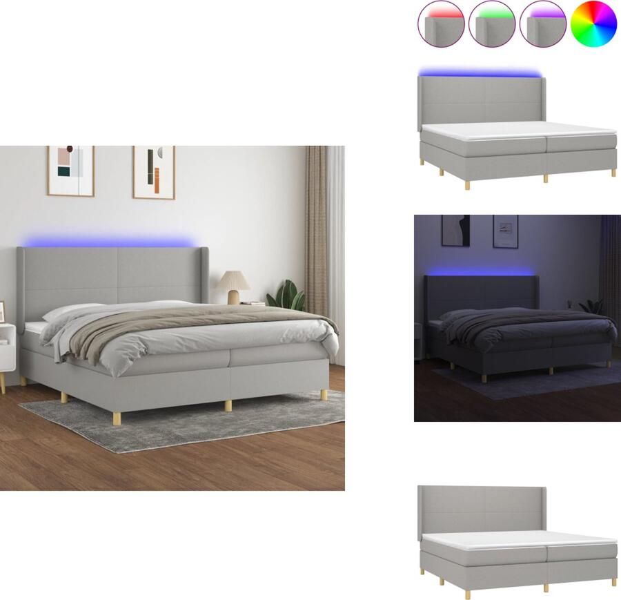 VidaXL Boxspring Slaapkamermeubel 203x200x78 88 cm LED verlichting Pocketvering matras Huidvriendelijk topmatras Lichtgrijs Breedte 100 cm 2 matrassen Inclusief LED-strips Bed - Foto 2