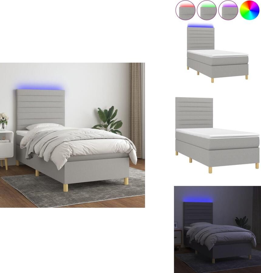 VidaXL Boxspring LED 203 x 80 x 118 128 cm Lichtgrijs Duurzaam materiaal Verstelbaar hoofdbord Comfortabele ondersteuning Kleurrijke LED-verlichting Pocketvering matras Huidvriendelijk topmatras Montagehandleiding inbegrepen Bed - Foto 3