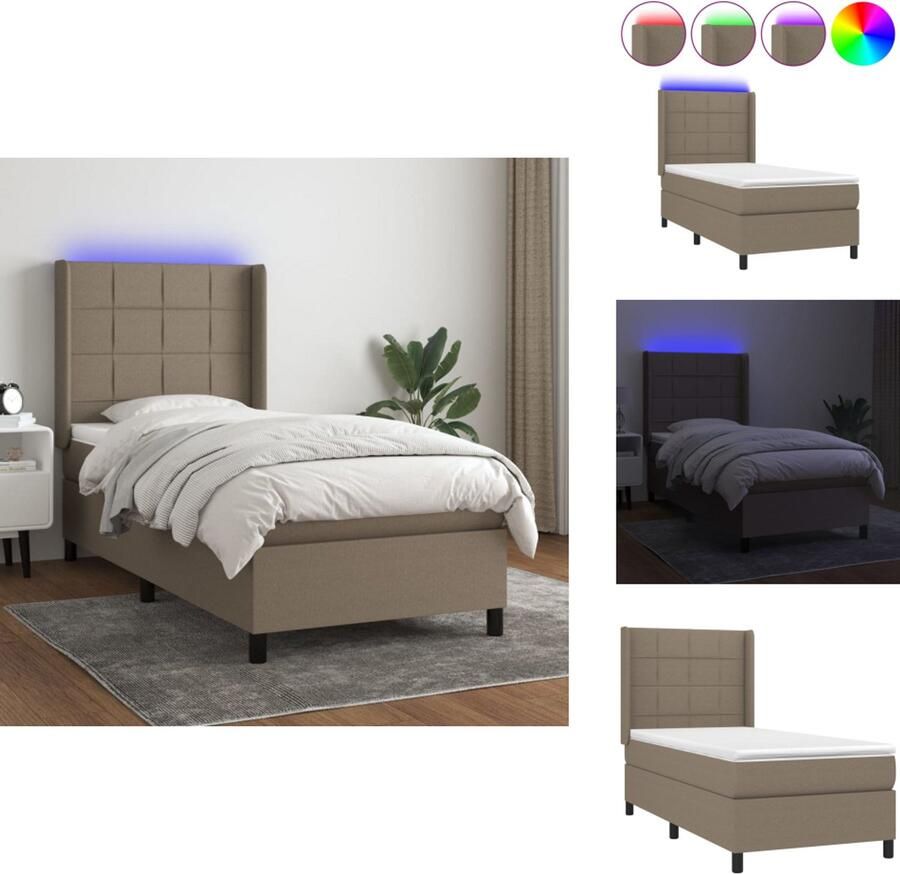 VidaXL Boxspring LED 203 x 100 cm Duurzaam materiaal verstelbaar hoofdbord comfortabele ondersteuning kleurrijke LED-verlichting pocketvering matras huidvriendelijk topmatras taupe Bed - Foto 4