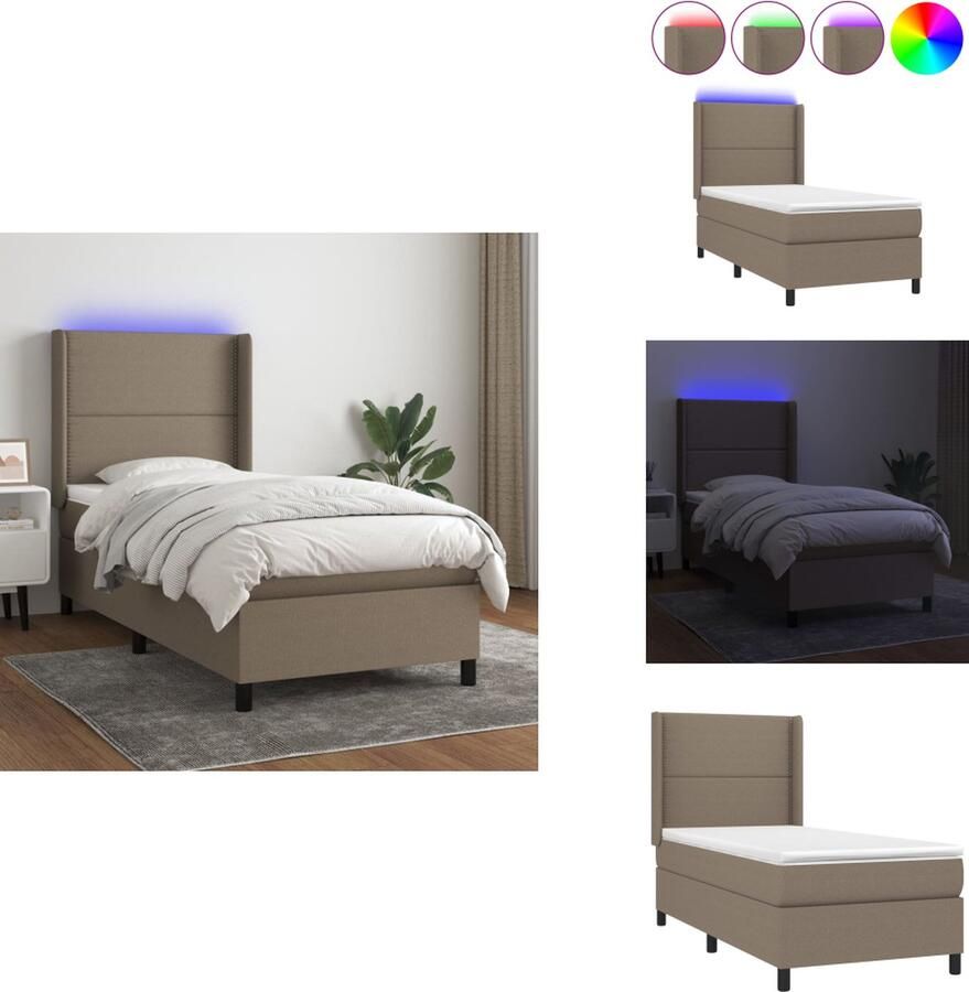 VidaXL Boxspring Bed Taupe 203 x 93 x 118 128 cm Verstelbaar hoofdbord Kleurrijke LED-verlichting Pocketvering matras Huidvriendelijk topmatras Inclusief montagehandleiding Bed