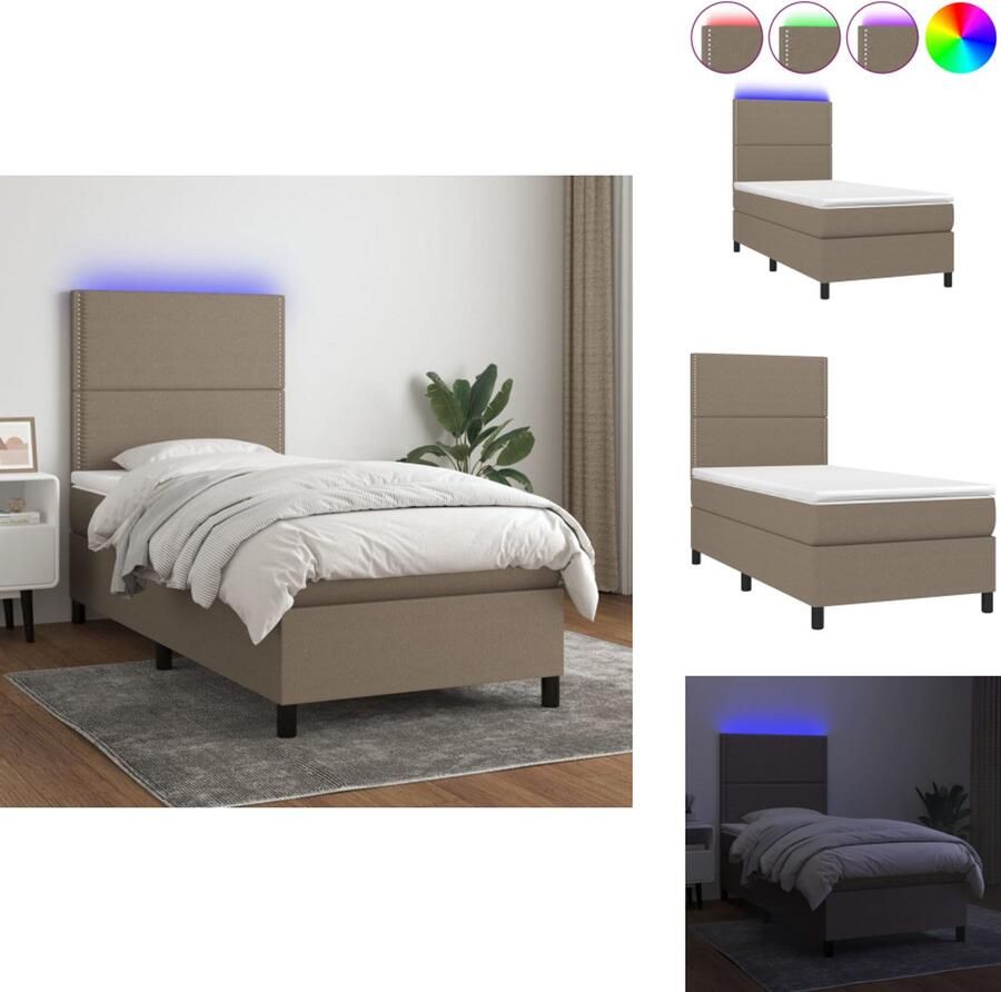VidaXL Boxspring LED 203 x 100 cm Duurzaam materiaal verstelbaar hoofdbord comfortabele ondersteuning kleurrijke LED-verlichting pocketvering matras huidvriendelijk topmatras taupe Bed