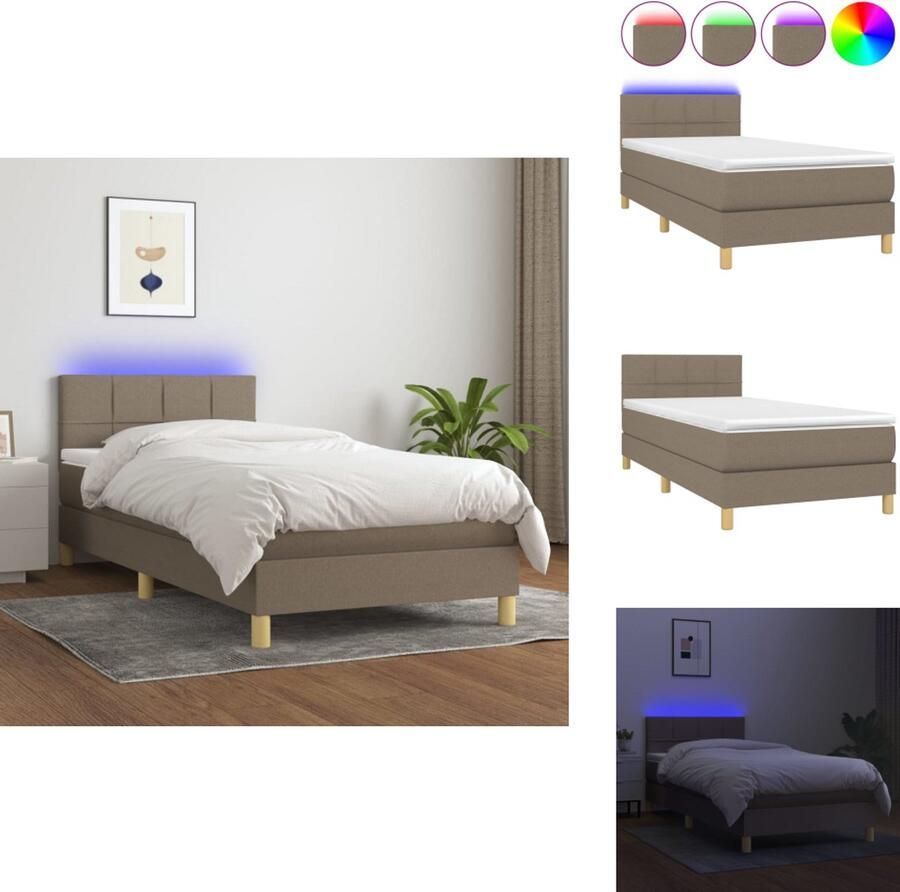 VidaXL Boxspring Met Matras en LED Taupe 203x100x78 88 cm Hoogte Verstelbaar Hoofdbord Kleurrijke LED-verlichting Pocketvering Matras 100x200x20 cm Huidvriendelijk Topmatras 100x200x5 cm Met LED-strip Bed