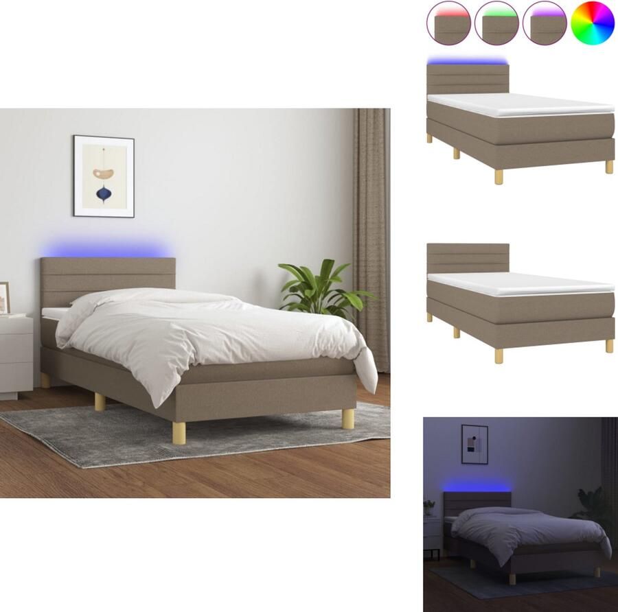 VidaXL Boxspring Met Matras en LED Taupe 203x100x78 88 cm Hoogte Verstelbaar Hoofdbord Kleurrijke LED-verlichting Pocketvering Matras 100x200x20 cm Huidvriendelijk Topmatras 100x200x5 cm Met LED-strip Bed