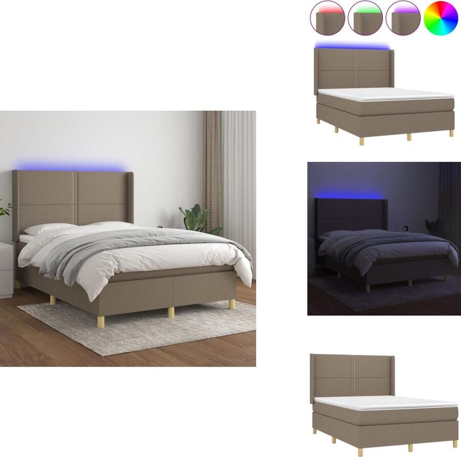 VidaXL Boxspring Bed Taupe 203 x 147 x 118 128 cm Verstelbaar hoofdbord LED-verlichting Pocketvering matras Huidvriendelijk topmatras Inclusief montagehandleiding Bed