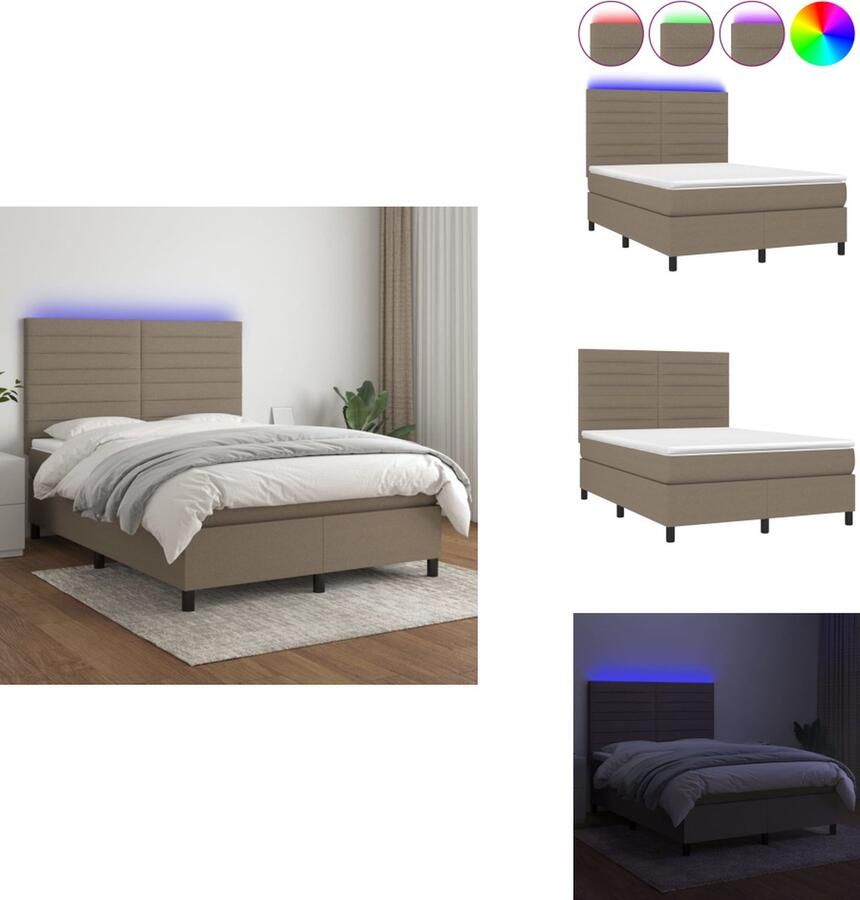 VidaXL Boxspring Bed Taupe 193 x 144 x 118 128 cm LED Pocketvering matras Huidvriendelijk topmatras Inclusief montagemateriaal USB-aansluiting Bed