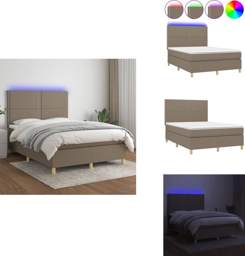 VidaXL Boxspring Bed Taupe 203 x 147 x 118 128 cm Verstelbaar hoofdbord LED-verlichting Pocketvering matras Huidvriendelijk topmatras Inclusief montagehandleiding Bed - Foto 3