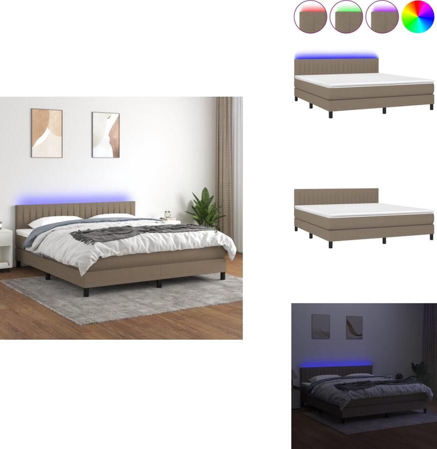 VidaXL Boxspring Bed LED 203 x 180 x 78 88 cm Taupe Duurzaam materiaal Verstelbaar hoofdbord Comfortabele ondersteuning Kleurrijke LED-verlichting Pocketvering matras Huidvriendelijk topmatras Montagehandleiding inbegrepen Bed