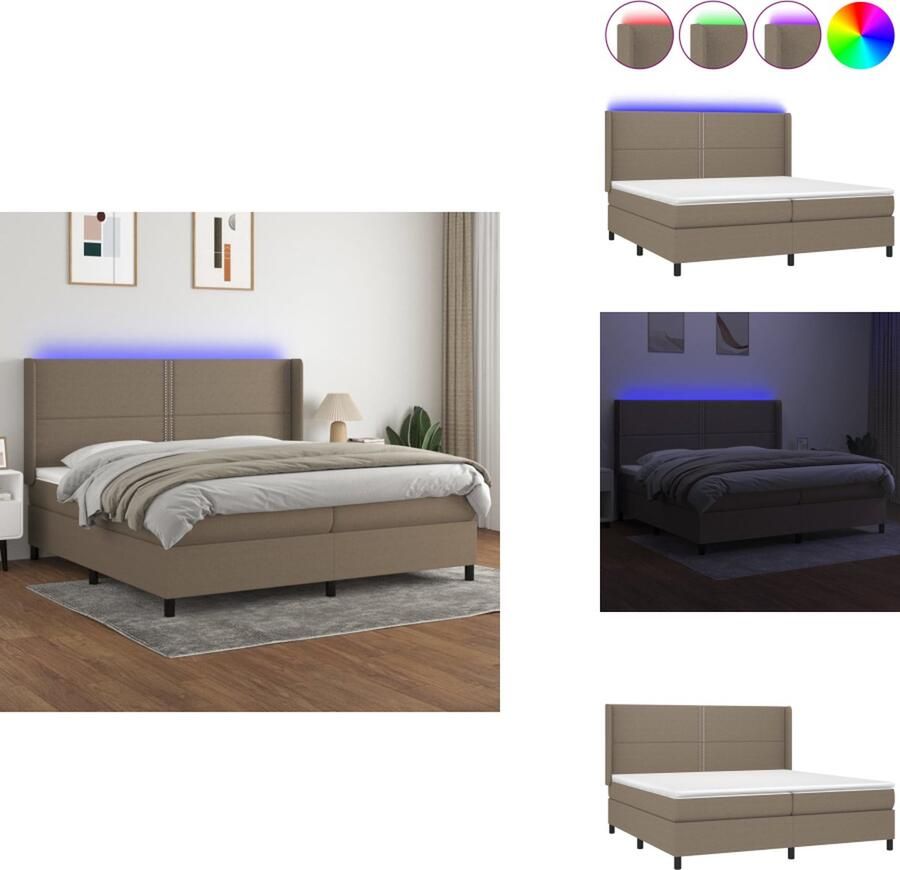 VidaXL Boxspring met matras en LED 203 x 203 cm Taupe stof Hoogte verstelbaar hoofdbord Pocketvering matras Huidvriendelijk topmatras Kleurrijke LED-verlichting Duurzaam materiaal USB-aansluiting Bed