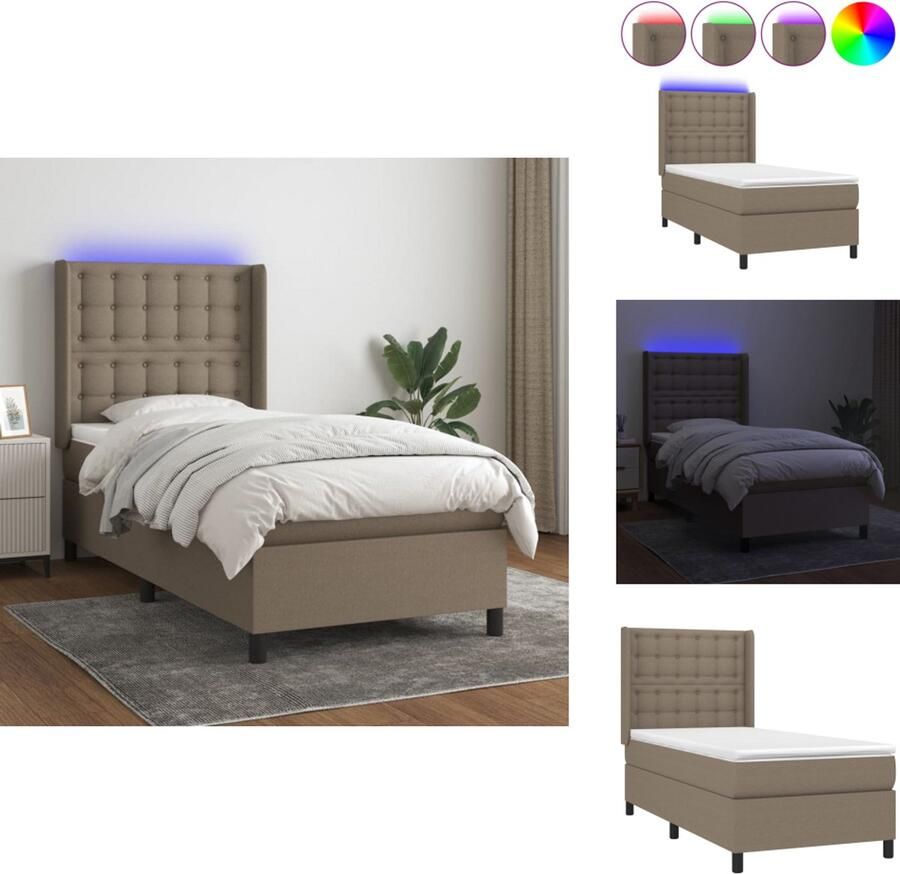 VidaXL Boxspring Bed Taupe 203 x 83 x 118 128 cm Verstelbaar hoofdbord Kleurrijke LED-verlichting Pocketvering matras Huidvriendelijk topmatras Met montagehandleiding en USB-aansluiting Bed