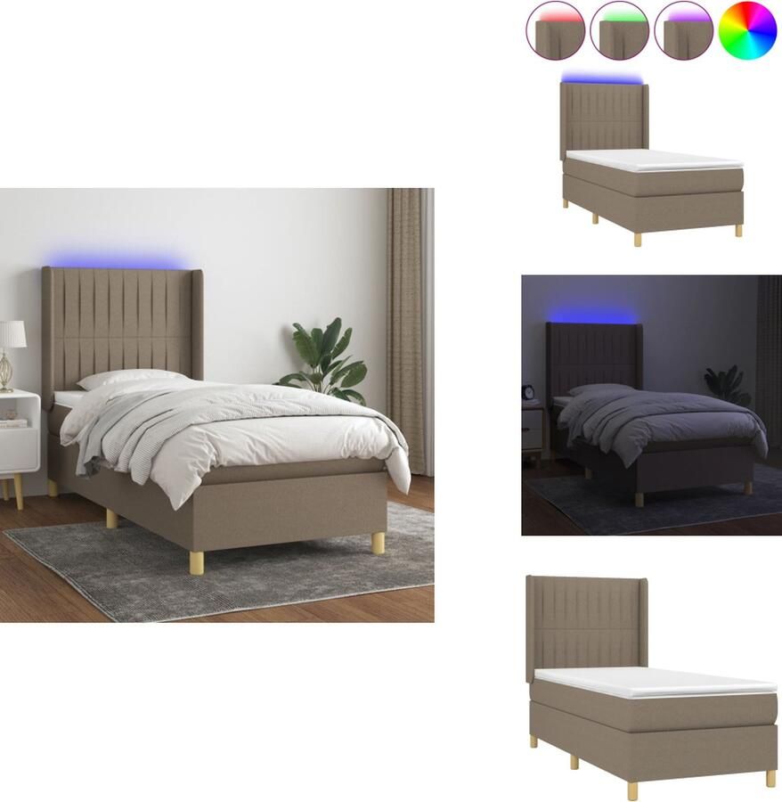 VidaXL Boxspring Bed Taupe LED 203 x 83 x 118 128 cm Duurzaam materiaal Verstelbaar hoofdbord Comfortabele ondersteuning Kleurrijke LED-verlichting Pocketvering matras Huidvriendelijk topmatras USB-aansluiting Bed