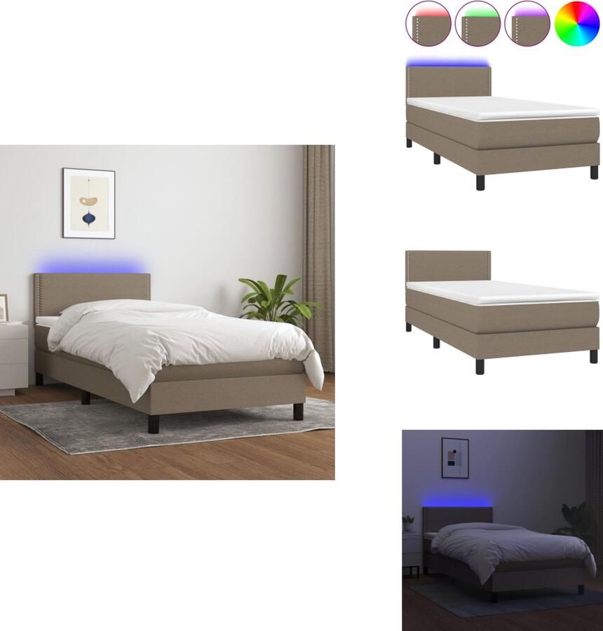 VidaXL Boxspring Matras LED Taupe 193 x 90cm Duurzaam Verstelbaar hoofdbord Kleurrijke LED-verlichting Pocketvering matras Huidvriendelijk topmatras Montagehandleiding USB-aansluiting Bed - Foto 2
