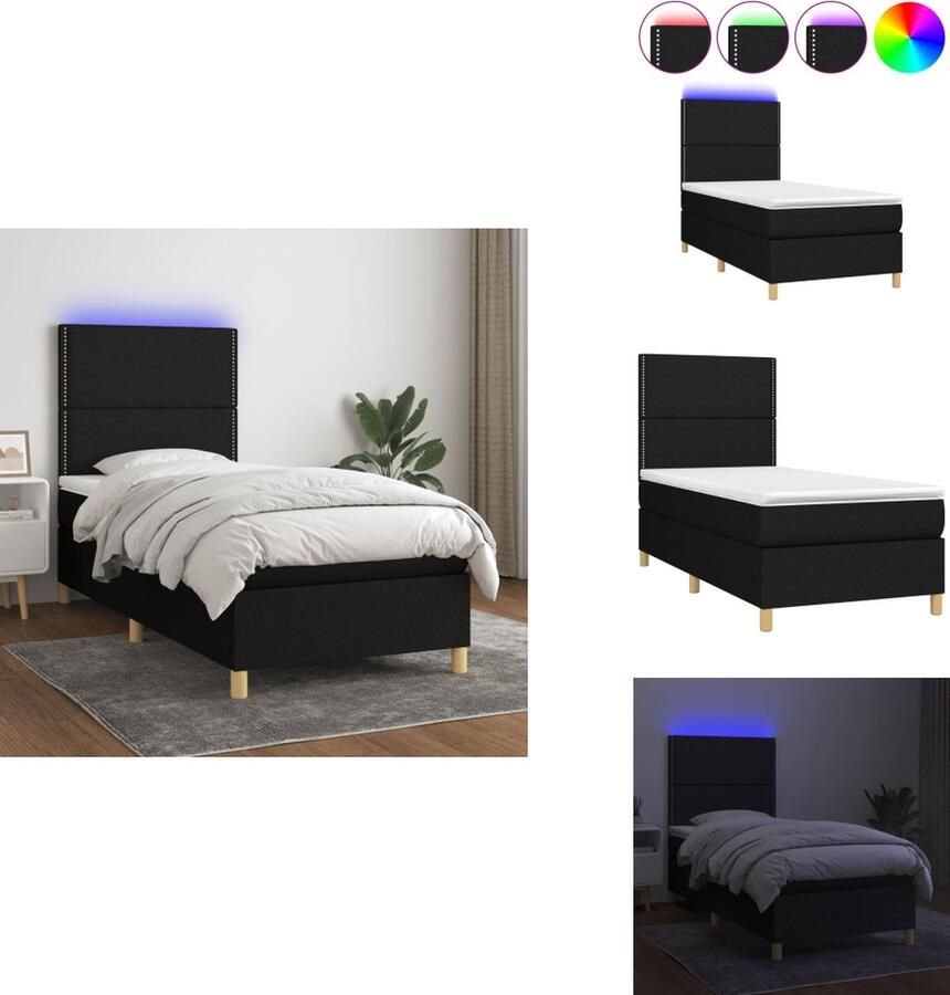 VidaXL Boxspring LED Zwarte stoffen bed met verstelbaar hoofdbord 203x100x118 128 cm Pocketvering matras Huidvriendelijke topmatras Kleurrijke LED-verlichting Bed - Foto 2