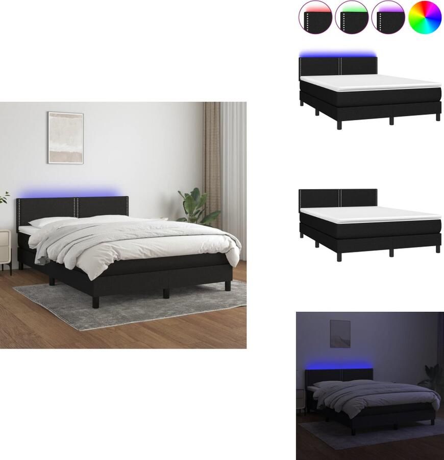 VidaXL Boxspring LED 140 x 190 cm zwart stof verstelbaar hoofdbord pocketvering matras huidvriendelijk topmatras kleurrijke LED-verlichting Bed