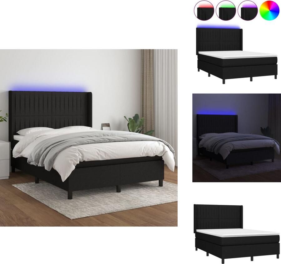 VidaXL Boxspring LED 140 x 190 cm Zwarte stof Verstelbaar hoofdbord Pocketvering matras Huidvriendelijk topmatras Met kleurrijke LED-verlichting Bed - Foto 5