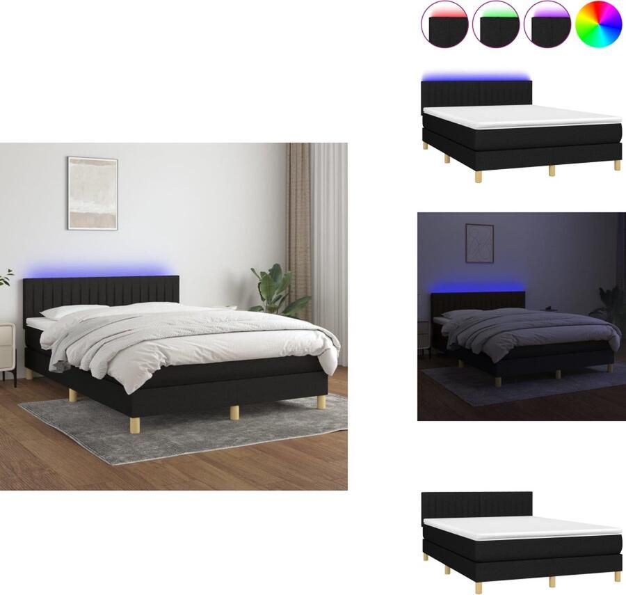 VidaXL Boxspring LED 140 x 190 cm zwart stof verstelbaar hoofdbord pocketvering matras huidvriendelijk topmatras kleurrijke LED-verlichting Bed - Foto 2