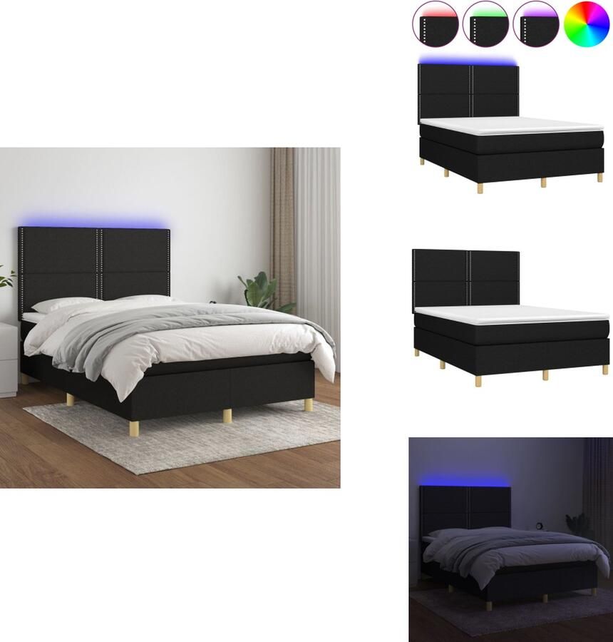 VidaXL Boxspring LED Zwart 203 x 144 x 118 128 cm pocketvering matras huidvriendelijk topmatras kleurrijke LED-verlichting Bed