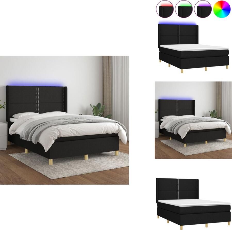 VidaXL Boxspring Bed LED 203 x 147 x 118 128 cm Zwart 100% polyester Pocketvering matras 140 x 200 x 20 cm Schuim topmatras 140 x 200 x 5 cm Inclusief 2 LED-strips Bed