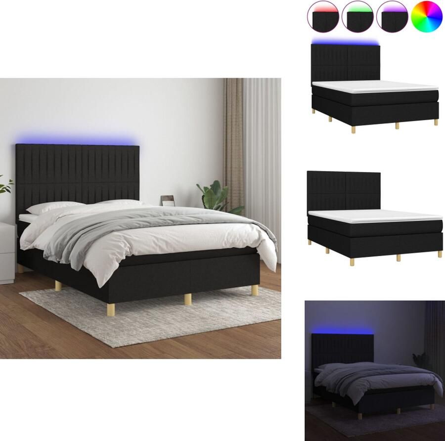 VidaXL Boxspring Bed LED 203 x 147 x 118 128 cm Zwart 100% polyester Pocketvering matras 140 x 200 x 20 cm Schuim topmatras 140 x 200 x 5 cm Inclusief 2 LED-strips Bed - Foto 2
