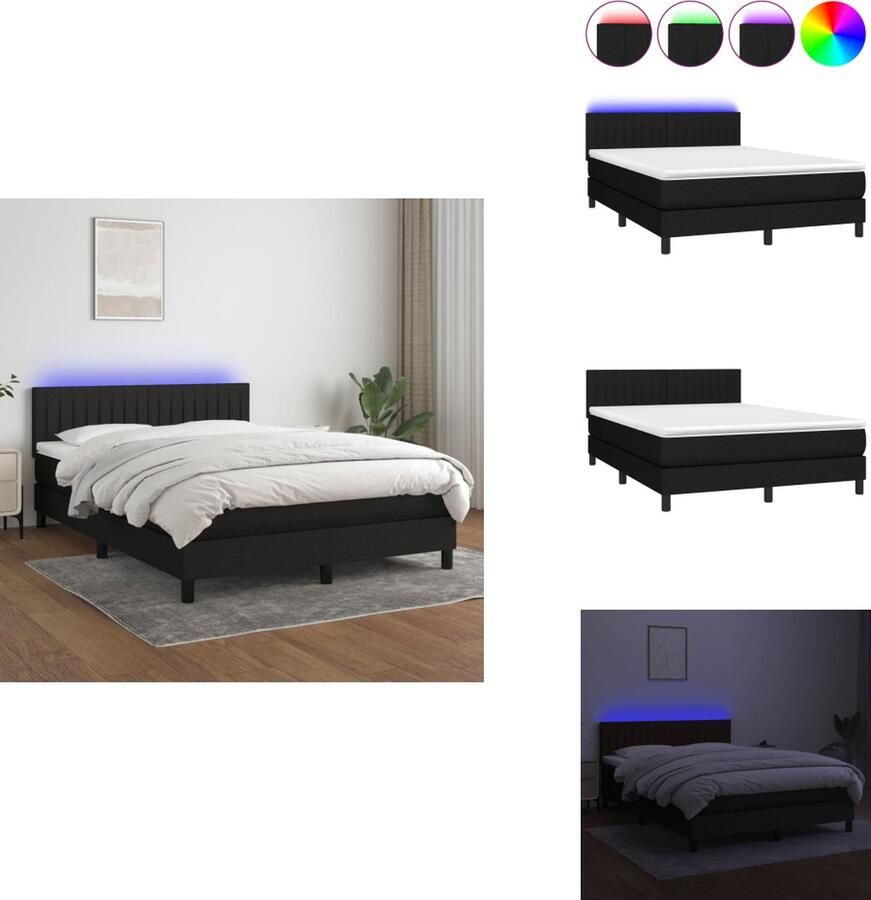 VidaXL Boxspring Bedframe met verstelbaar hoofdbord 203x144x78 88cm LED-verlichting Pocketvering matras Huidvriendelijk topmatras Kleur- zwart wit Bed