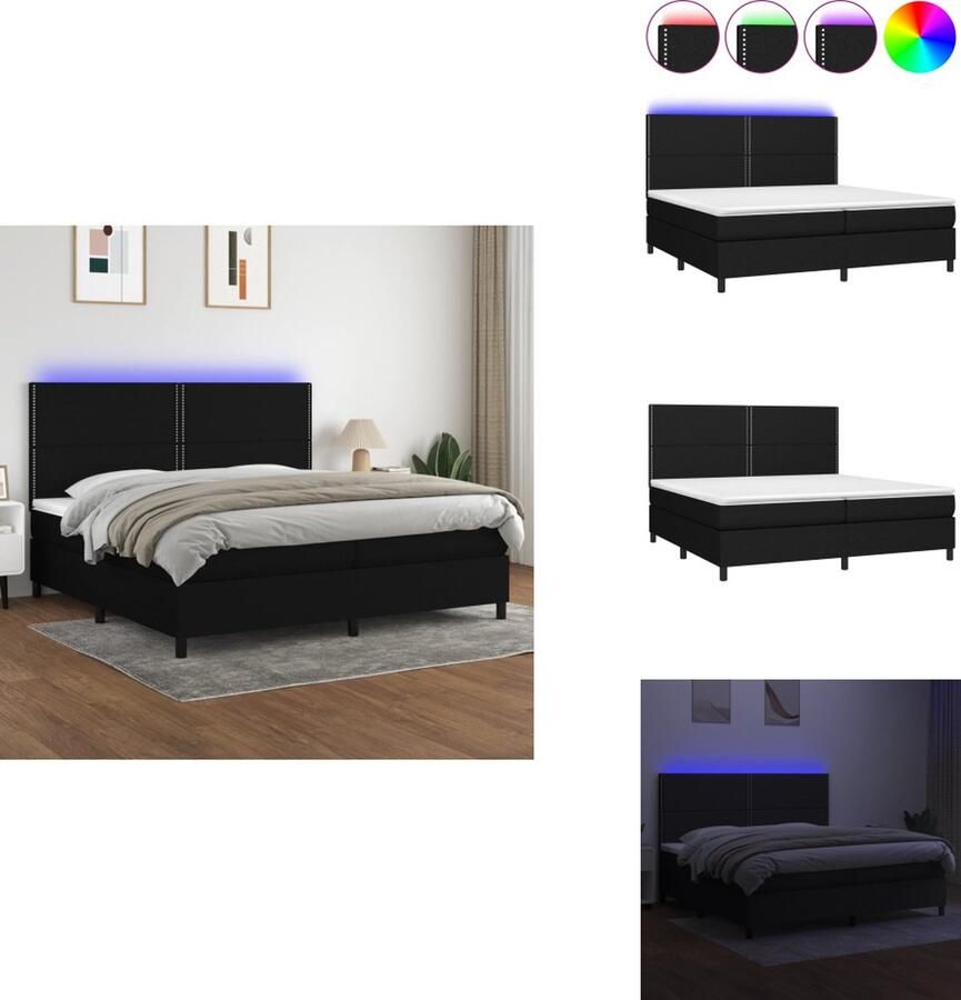 VidaXL Boxspring LED Duurzaam Verstelbaar Comfortabel Pocketvering Huidvriendelijk Zwart 203 x 200 x 118 128 cm Matrassen- 100 x 200 x 20 cm Topmatras- 200 x 200 x 5 cm LED-strip- 55 cm x 2 1 x Bedframe 1 x Hoofdeind Bed
