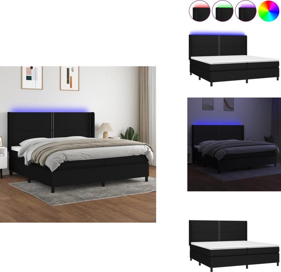 VidaXL Boxspring Bed Zwart 203 x 203 x 118 128 cm Verstelbaar hoofdbord Kleurrijke LED-verlichting Pocketvering matras Huidvriendelijk topmatras USB-aansluiting Bed