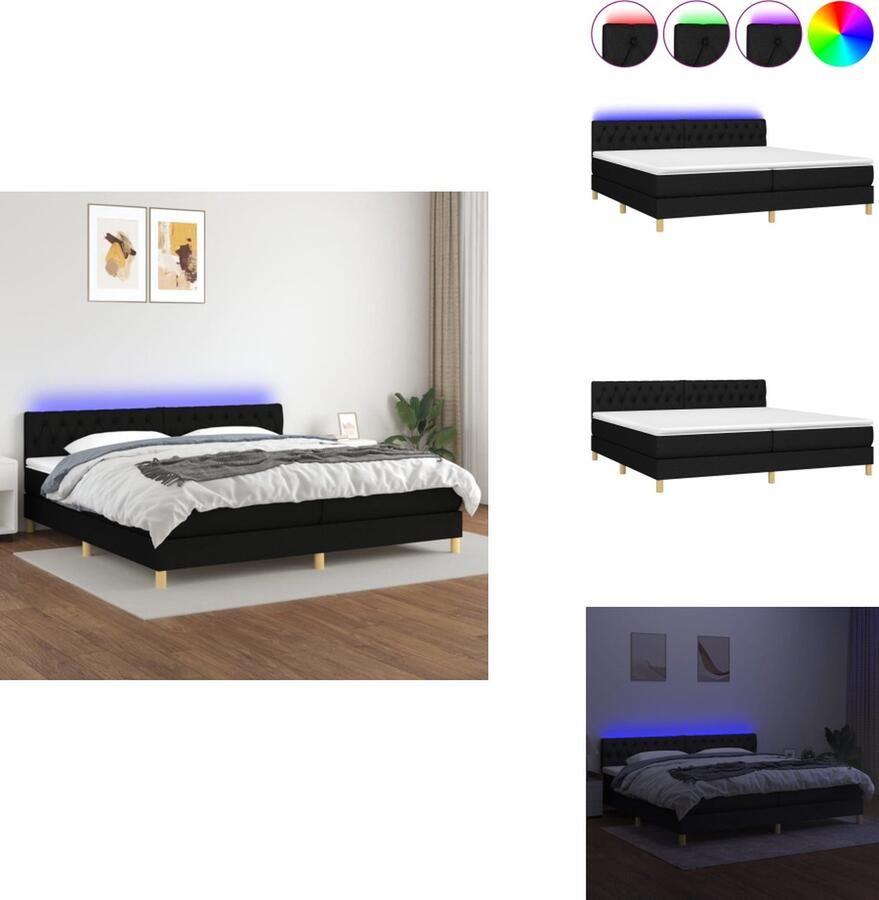 VidaXL Boxspring LED 203 x 200 Zwart Pocketvering matras Huidvriendelijk topmatras verstelbaar hoofdbord kleurrijke LED-verlichting Bed