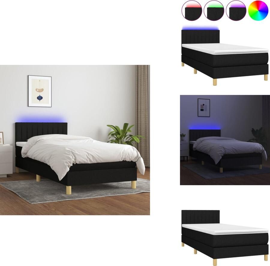 VidaXL Boxspring LED 203 x 100 x 78 88 cm zwart stof pocketvering matras 100 x 200 x 20 cm wit en zwart schuim vulling 100 x 200 x 5 cm wit LED-strip 55 cm DC 5V IP65 Bed
