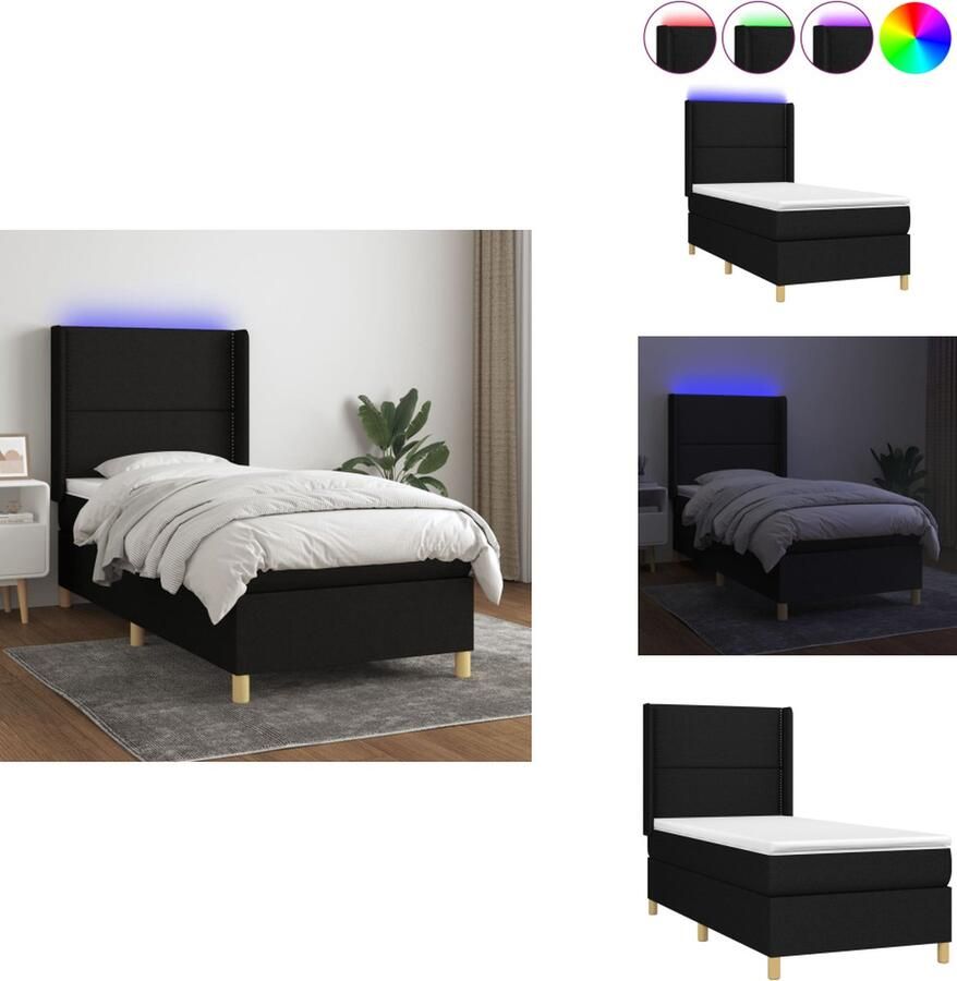 VidaXL Boxspring Bed met Matras en LED-verlichting 203 x 93 x 118 128 cm Zwart Pocketvering Matras en Huidvriendelijk Topmatras Bed