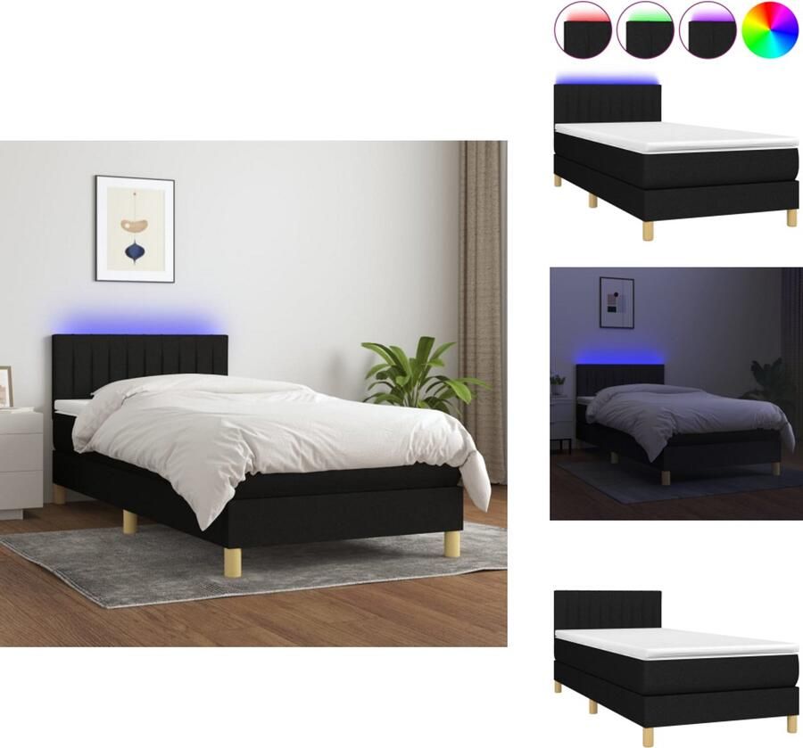 VidaXL Boxspring LED 203 x 100 x 78 88 cm zwart stof pocketvering matras 100 x 200 x 20 cm wit en zwart schuim vulling 100 x 200 x 5 cm wit LED-strip 55 cm DC 5V IP65 Bed - Foto 3
