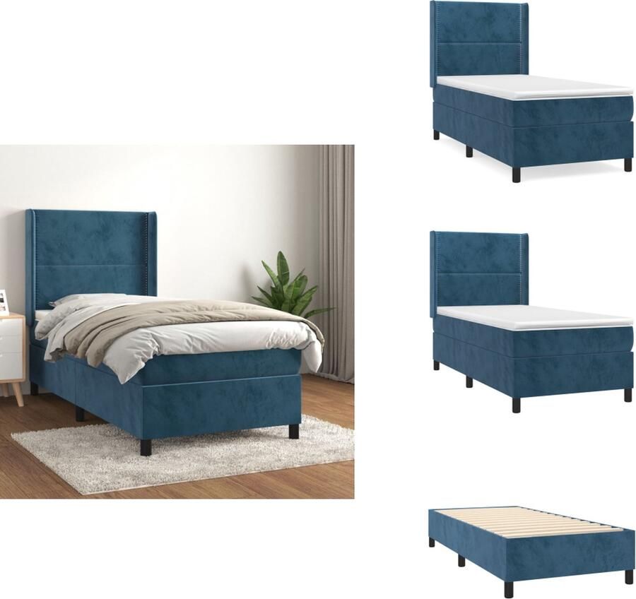 VidaXL Boxspringbed Comfort Bed 203x103x118 128 cm Donkerblauw fluwelen materiaal Verstelbaar hoofdbord Pocketvering matras Middelharde ondersteuning Huidvriendelijk topmatras Inclusief montagehandleiding Bed
