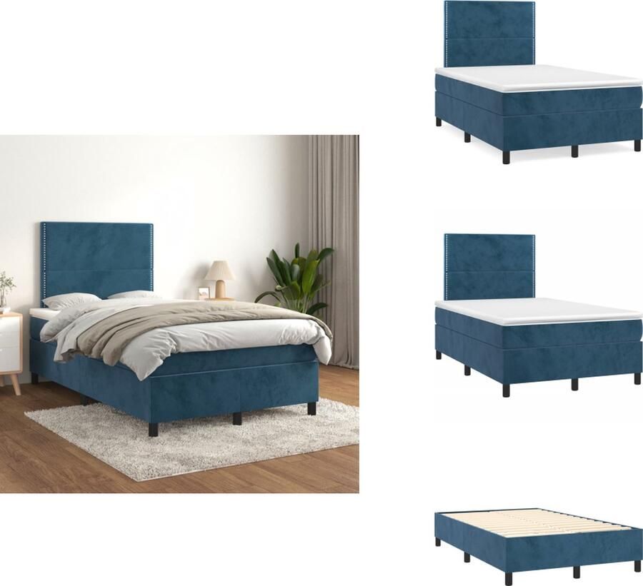VidaXL Boxspringbed Zacht fluweel Praktisch hoofdbord Pocketvering matras Middelharde ondersteuning Huidvriendelijk topmatras 203x120x118 128 cm Donkerblauw 100% polyester Inclusief montagehandleiding Bed