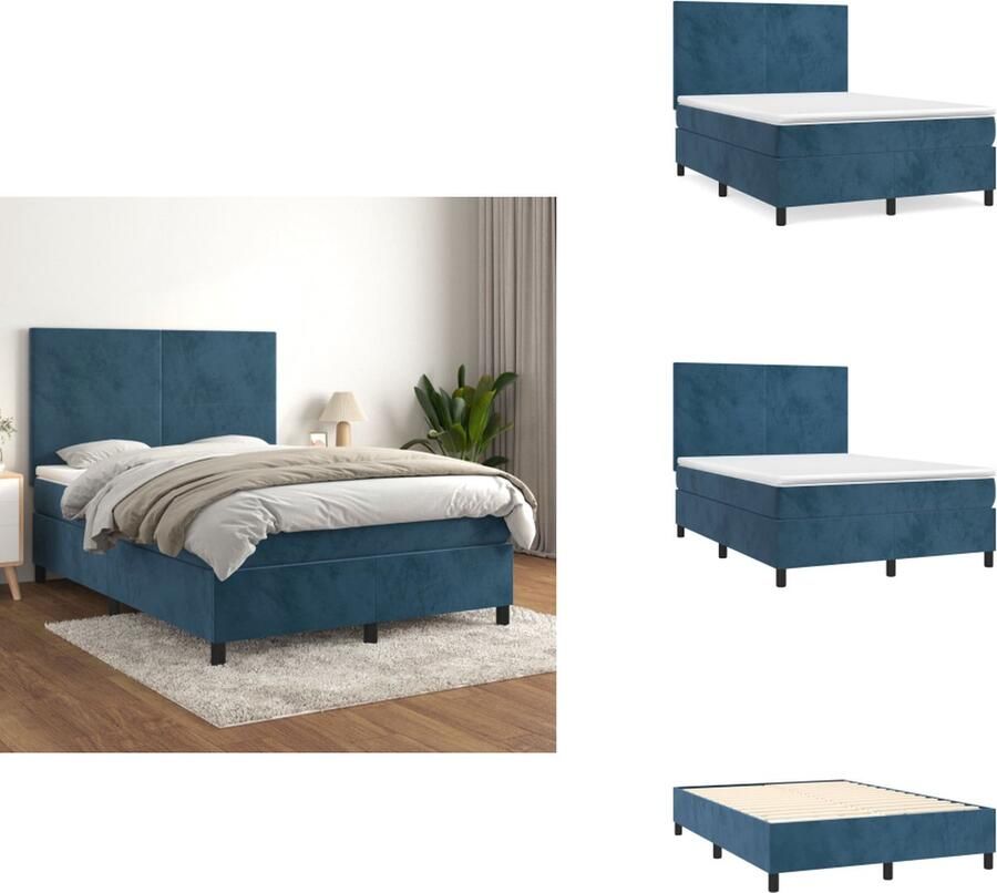 VidaXL Boxspringbed Bed 203 x 144 x 118 128 cm Donkerblauw Fluweel Hoofdbord Pocketvering matras Middelharde ondersteuning Huidvriendelijk topmatras Montagehandleiding Bed