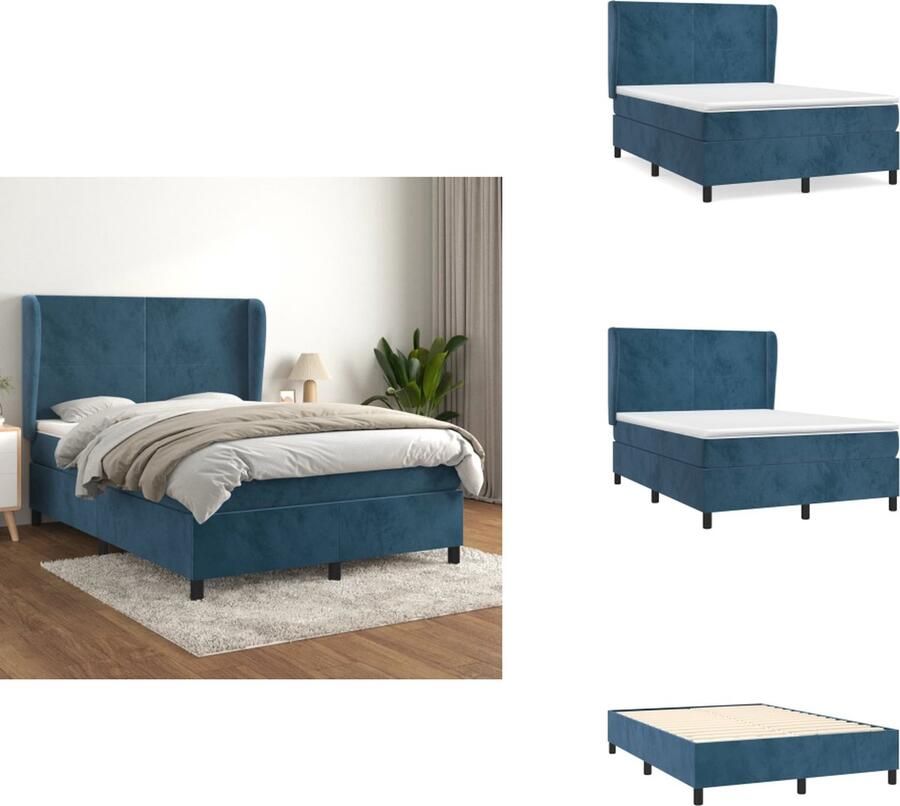 VidaXL Boxspringbed Donkerblauw Fluweel 203 x 147 x 118 128 cm Pocketvering Matras Middelharde Ondersteuning Huidvriendelijk Topmatras Bed