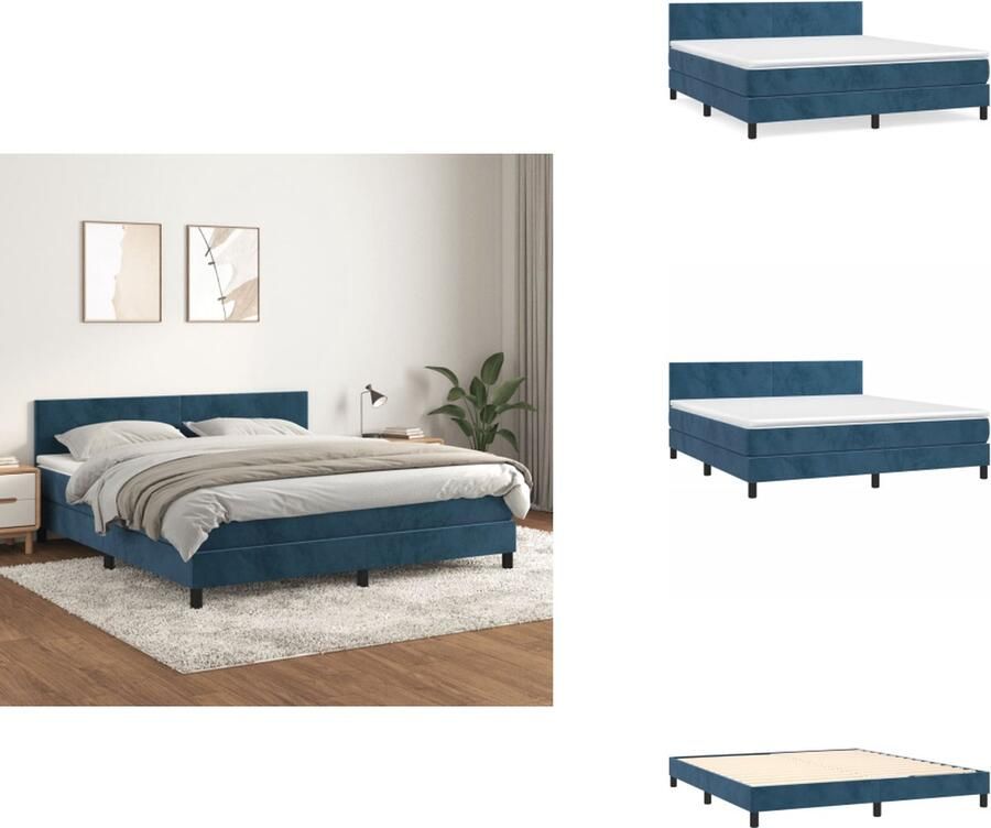 VidaXL Boxspringbed Donkerblauw 203x160x78 88 cm Met zacht fluwelen stof Verstelbaar hoofdbord Pocketvering matras Middelharde ondersteuning Huidvriendelijk topmatras Inclusief montagehandleiding Bed - Foto 2