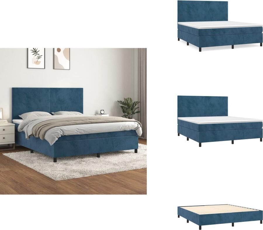 VidaXL Boxspringbed Donkerblauw fluweel 203 x 183 x 118 128 cm Pocketvering matras Middelharde ondersteuning Huidvriendelijk topmatras Met hoofdbord Bed