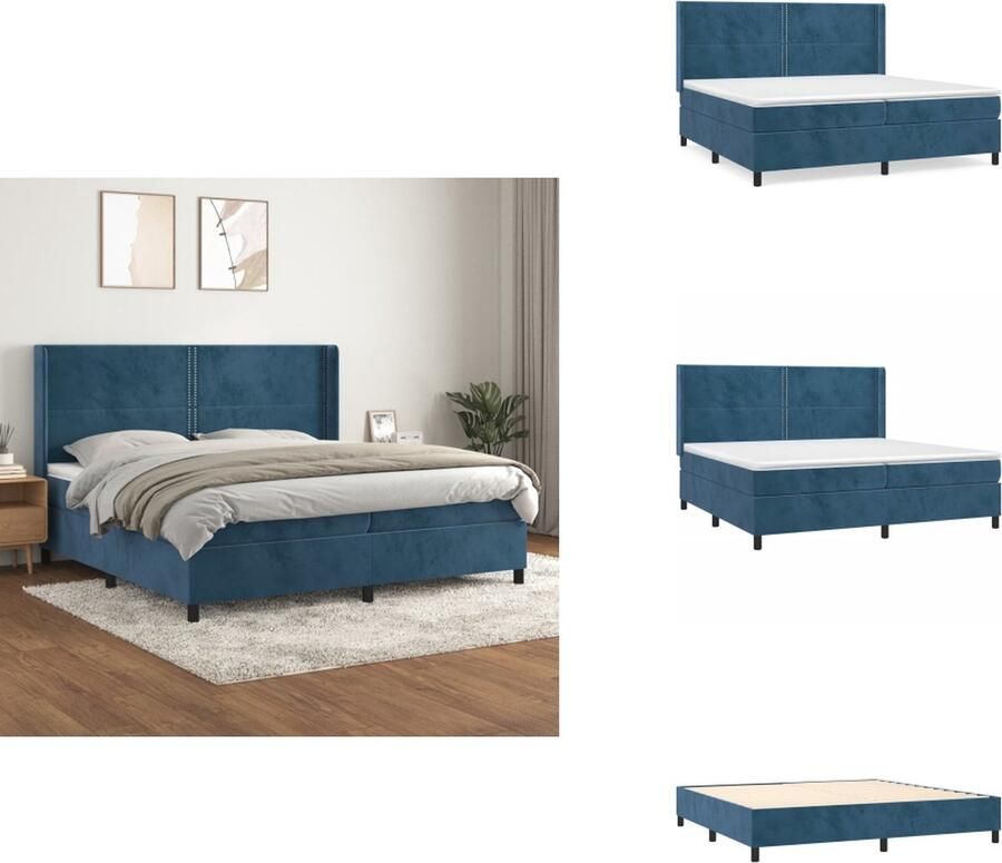 VidaXL Boxspringbed Zacht fluweel Praktisch hoofdbord Pocketvering matras Middelharde ondersteuning Huidvriendelijk topmatras Kleur- donkerblauw Afmetingen- 203 x 200 x 118 128 cm Bed