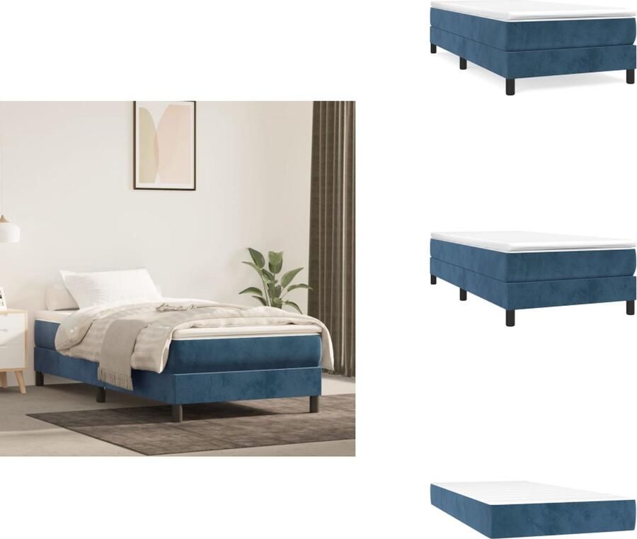 VidaXL Boxspringbed Zacht fluwelen bedframe Pocketvering matras Middelharde ondersteuning Huidvriendelijk topmatras Kleur- donkerblauw Afmetingen- 203 x 100 x 25 cm Bed