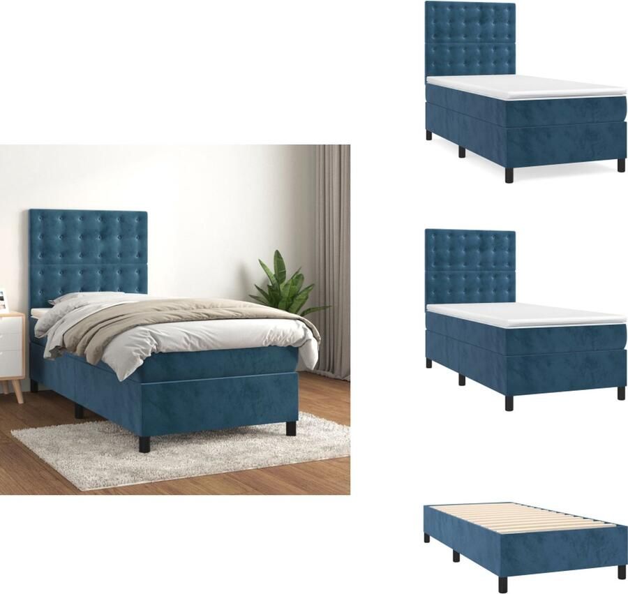 VidaXL Boxspringbed Paige Donkerblauw 203 x 80 x 78 88 cm Fluweel Hoofdbord verstelbaar Pocketvering matras Middelharde ondersteuning Huidvriendelijk topmatras Inclusief montagehandleiding Bed