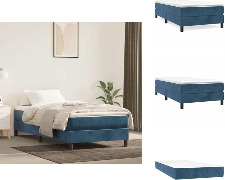 VidaXL Boxspring Fluweel Pocketvering Middelharde ondersteuning Huidvriendelijk topmatras Multiplex lattenbodem Donkerblauw 193 x 90 x 25 cm wit donkerblauw 90 x 190 x 20 cm wit 90 x 190 x 5 cm Bed - Foto 2
