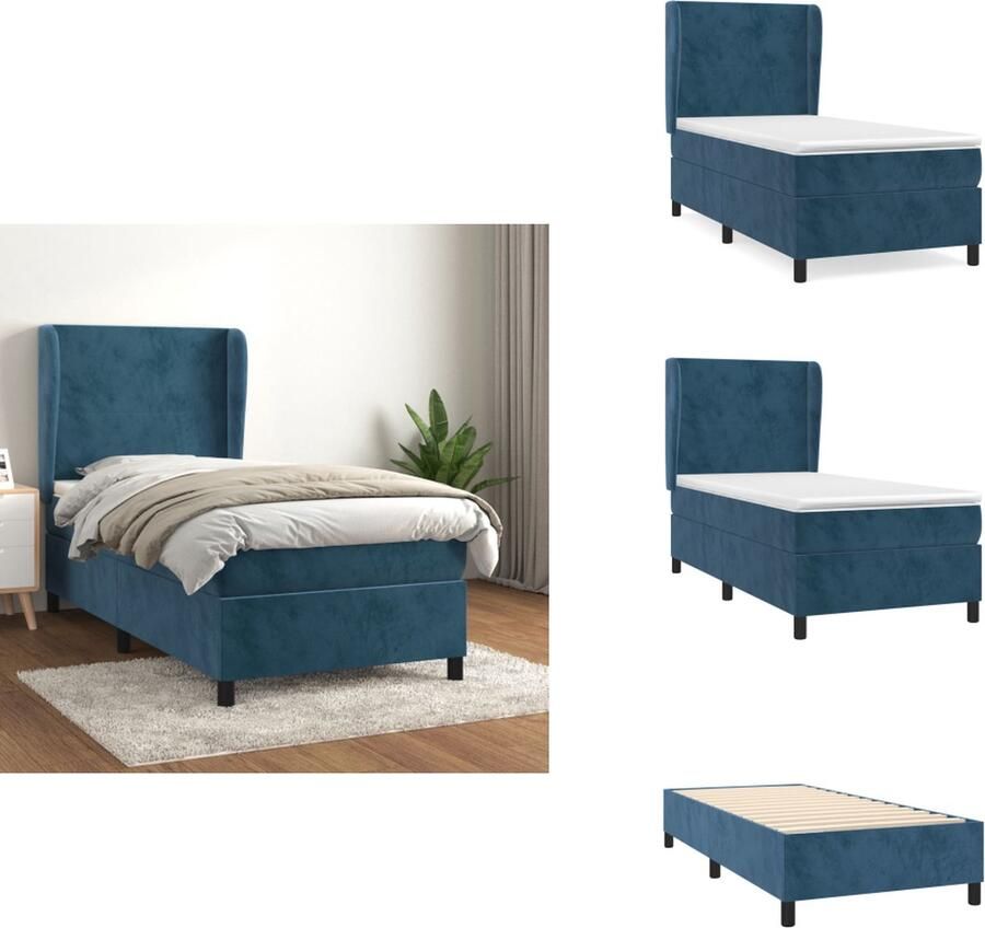 VidaXL Fluwelen Boxspringbed Bed 193 x 93 x 118 128 cm Donkerblauw Pocketvering Matras Comfortabele Middelharde Ondersteuning Huidvriendelijk Topmatras Eenvoudige Montage 1x Bedframe 1x Hoofdbord 1x Matras 1x Topmatras Bed - Foto 2