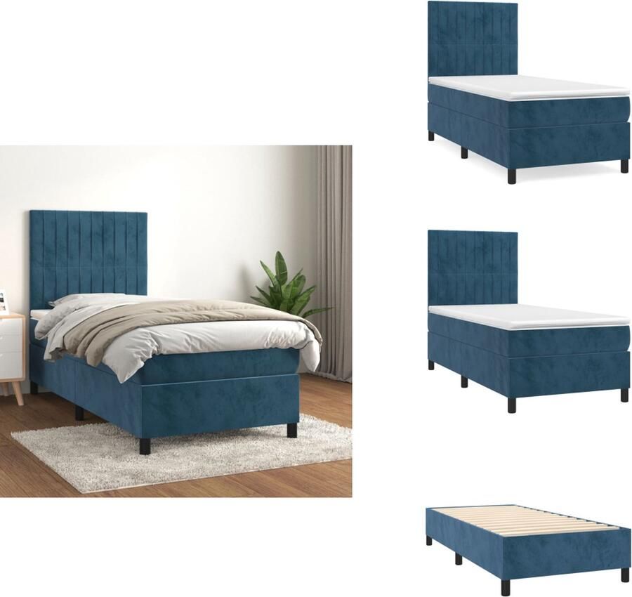 VidaXL Boxspringbed Donkerblauw 203x90x118 128cm Fluweel Hoofdbord Pocketvering Middelharde Ondersteuning Huidvriendelijk Bed