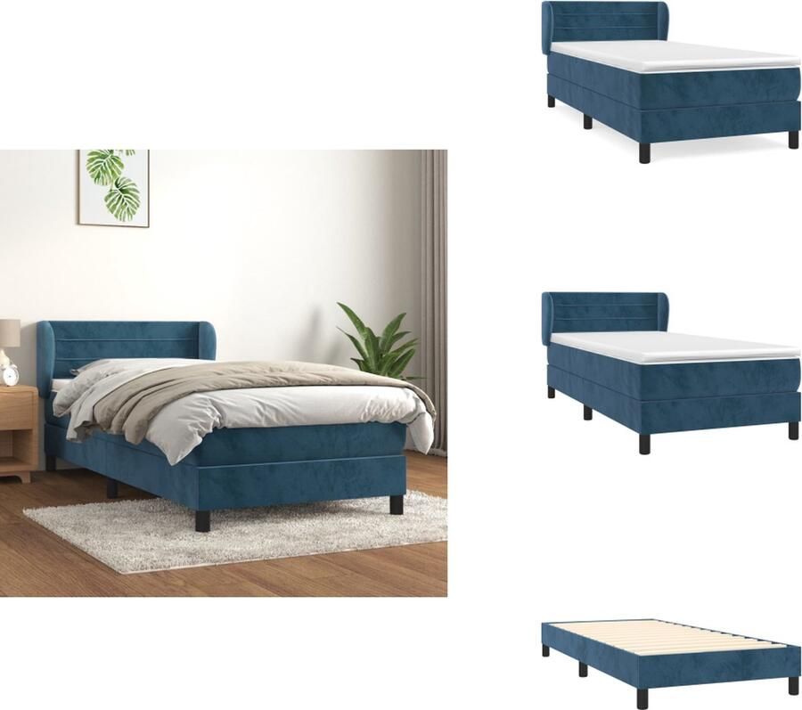 VidaXL Boxspringbed donkerblauw fluweel 203 x 93 x 78 88 cm Pocketvering matras middelharde ondersteuning huidvriendelijk topmatras Bed - Foto 2