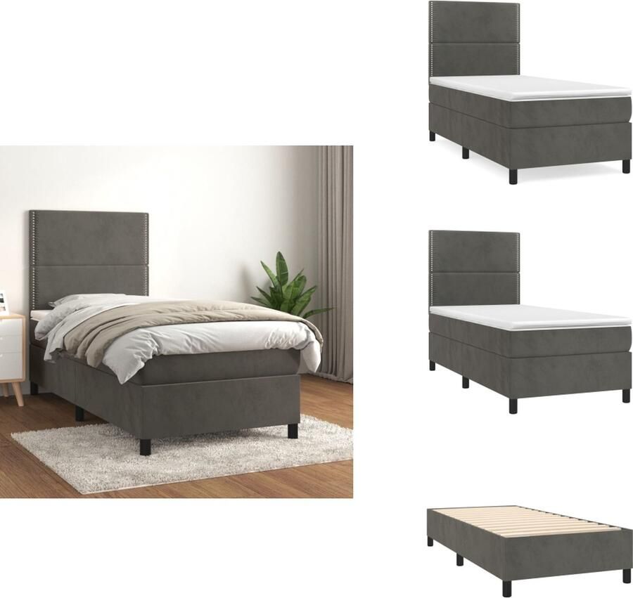 VidaXL Boxspringbed Zacht fluweel Praktisch hoofdbord Pocketvering matras Middelharde ondersteuning Huidvriendelijk topmatras 203x100x118 128cm Donkergrijs 100x200x20cm Wit donkergrijs 100x200x5cm Bed