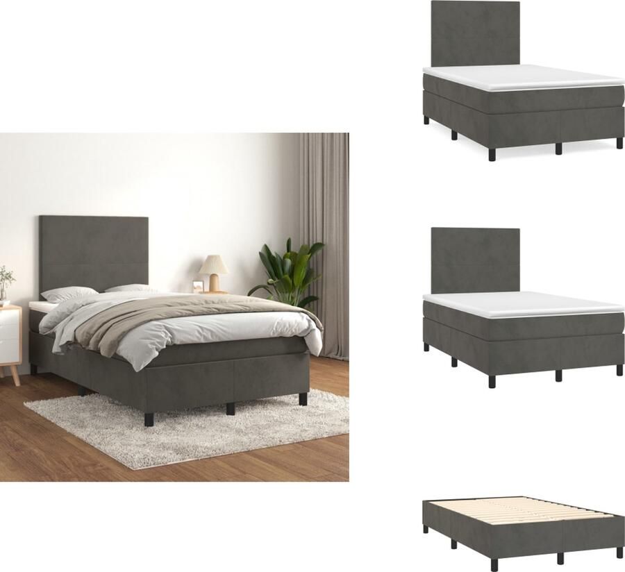 VidaXL Boxspringbed Donkergrijs 203 x 120 x 118 128 cm Zacht fluweel Praktisch hoofdbord Pocketvering matras Middelharde ondersteuning Huidvriendelijk topmatras Inclusief montagehandleiding Bed